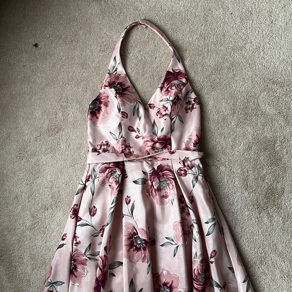City Studio Halter Neck Pink A-Line Gown | Floral Detail with Silver Accents